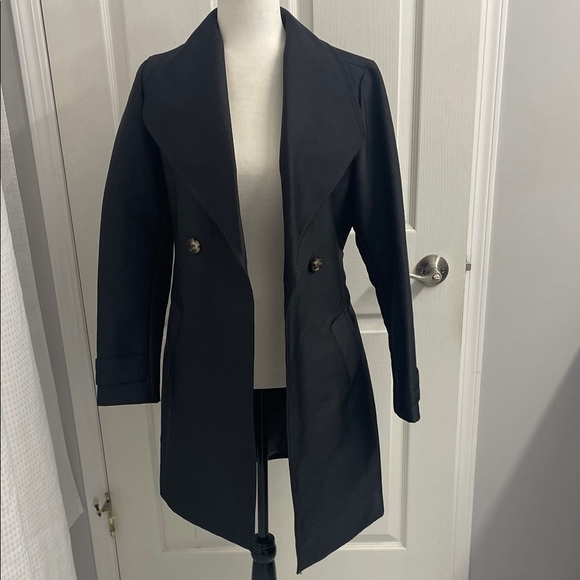 Reitmans Black Double Breasted Trench Coat Pockets & Tie Belt Nylon Sz S - Picture 2 of 16